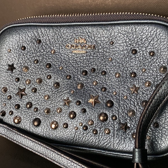 Coach Crossbody Metallic Blue Studded Rivets Star NASA Wristlet Bag Purse Wallet - Picture 3 of 15